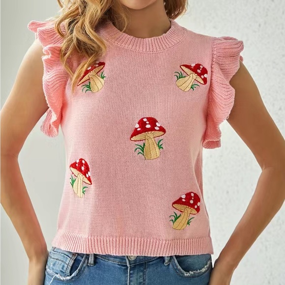 VINTAGE INSPIRED PINK RED & WHITE POLKADOT RUFFLE MUSHROOM SWEATER KNIT TOP - Picture 3 of 6